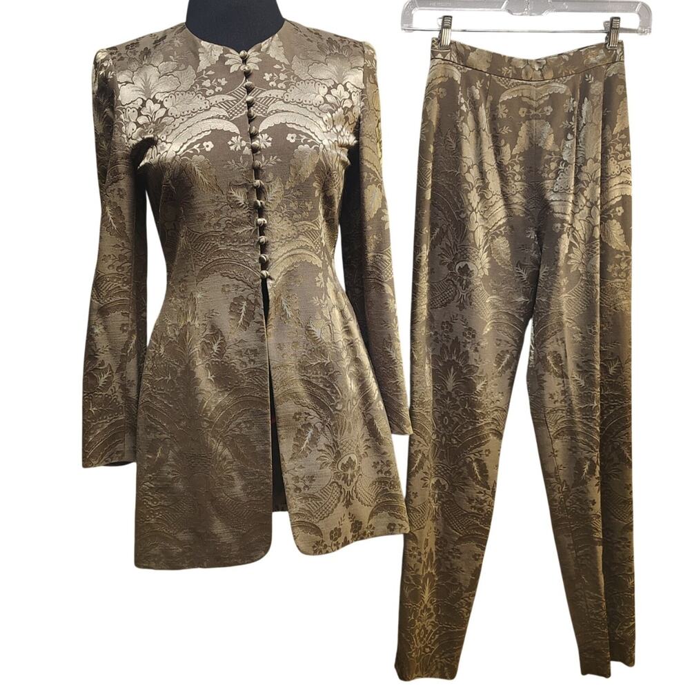 VTG Pamela Dennis Couture Brocade Pant Suit Gold Silk Wool Floral Set Womens 4 #